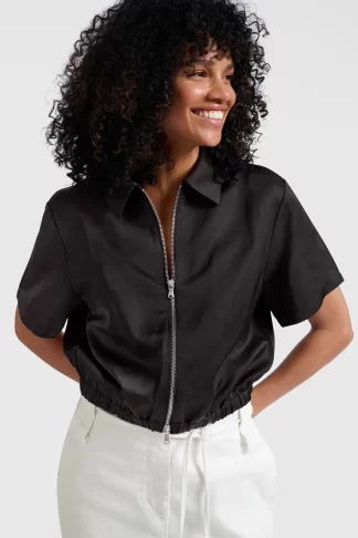 Satin Short Sleeved Jacket and Zip Closure