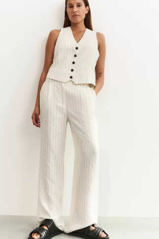 Striped Linen Blend Trousers with Wide Leg