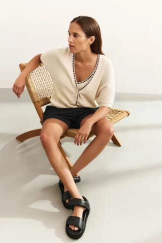 Ribbed Cardigan with Stitch Detail and Short Sleeve